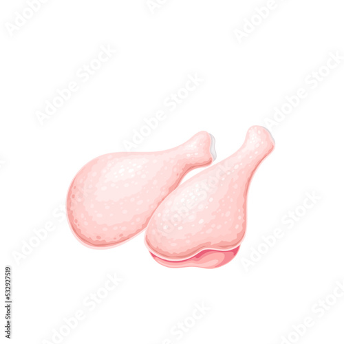 Raw chicken drumsticks vector illustration. Cartoon isolated fresh organic poultry meat with skin, legs section of farm bird cut into portion to cook meals on dinner, uncooked pieces of chicken