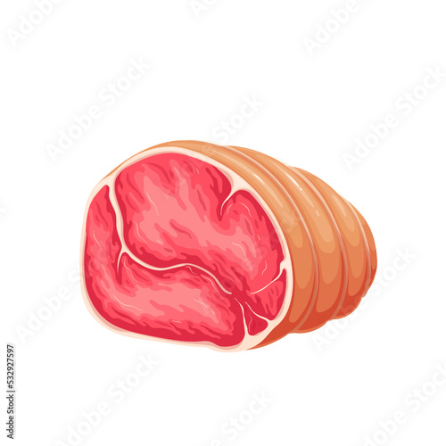 Fototapeta Naklejka Na Ścianę i Meble -  Pork ham vector illustration. Cartoon isolated boneless red pork roll from fillet and skin, delicatessen food product of butchers shop, fresh meat ingredient for cooking food on lunch or dinner