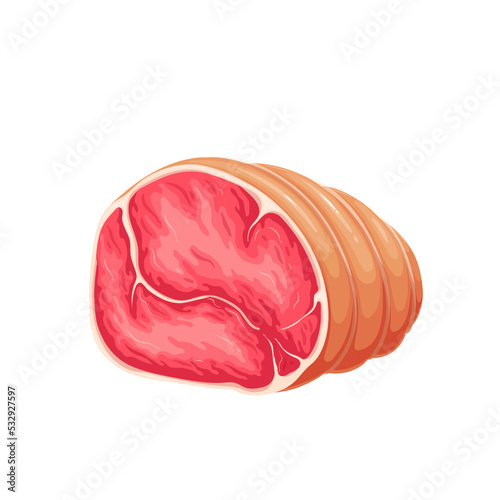 Pork ham vector illustration. Cartoon isolated boneless red pork roll from fillet and skin, delicatessen food product of butchers shop, fresh meat ingredient for cooking food on lunch or dinner