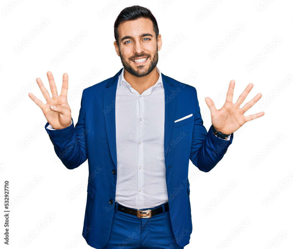 Young hispanic man wearing business jacket showing and pointing up with fingers number nine while smiling confident and happy. Young hispanic man wearing business jacket showing and pointing up with fingers number nine while smiling confident and happy.