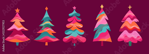 Colorful Retro Christmas Trees Collection for New Year 2023