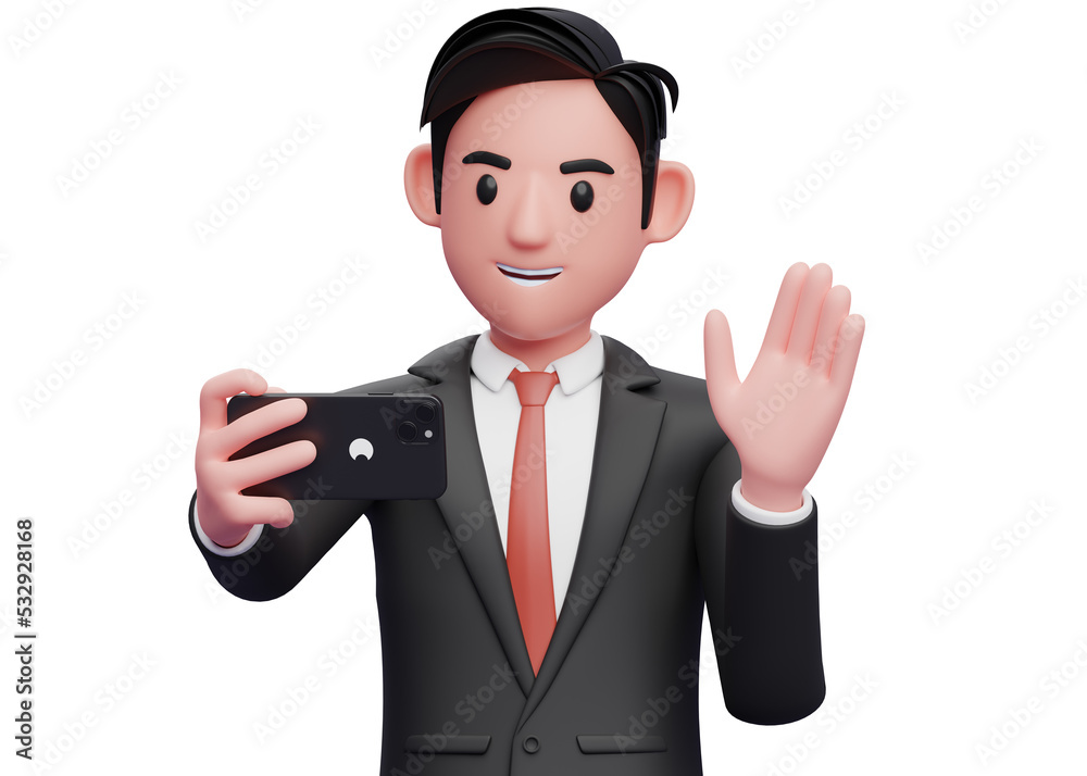 close up of businessman in black formal suit make a video call waving hand say hello, 3d illustration of businessman using phone close up of businessman in black formal suit make a video call waving hand say hello, 3d illustration of businessman using phone