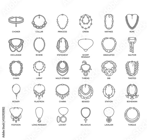 Fotografering Set of Necklace thin line icons for any web and app project.