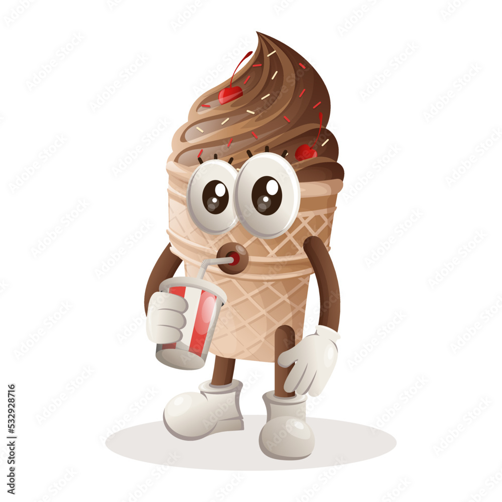 Cute ice cream mascot drinking soda, cola Cute ice cream mascot drinking soda, cola