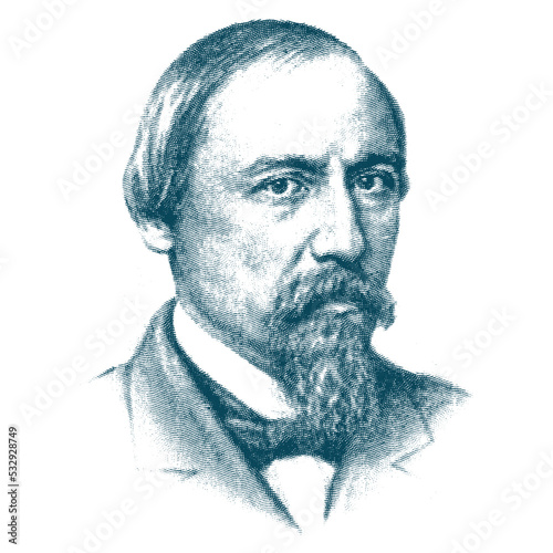 Nikolay Nekrasov engraved vector portrait. Russian poet, writer, critic and publisher.