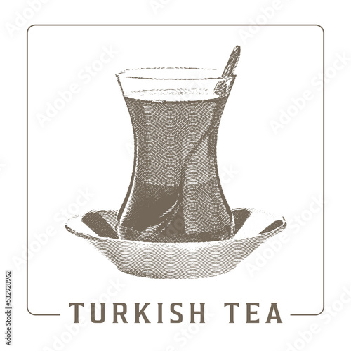 Glass of Turkish tea with a teaspoon, retro hand drawn vector illustration. Traditional tea cup, isolated white background.