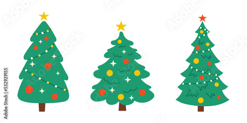 Vector New Year set with christmas trees. Cute evergreen trees with balls, stars and garlands. Fir trees for Christmas.