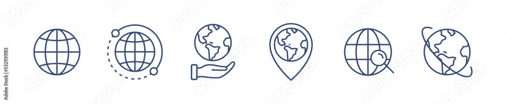 World globe line icon. Vector Earth global country map planet line icon. Travel internet globe set World globe line icon. Vector Earth global country map planet line icon. Travel internet globe set