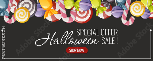 Halloween sale flyer. Sweet treat from lollipops, candies. Vector illustration. For banner, advertising, special offer.