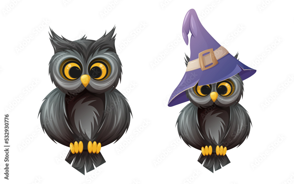 Cute owl with big eyes with and without sorcery purple hat. Symbol of wisdom and night. Cartoon vector illustration of a bird. Cute owl with big eyes with and without sorcery purple hat. Symbol of wisdom and night. Cartoon vector illustration of a bird.