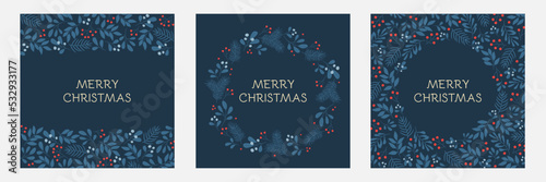 Set of holidays greeting cards with floral frames and Christmas ornament. Winter twigs patterns in blue colors. 