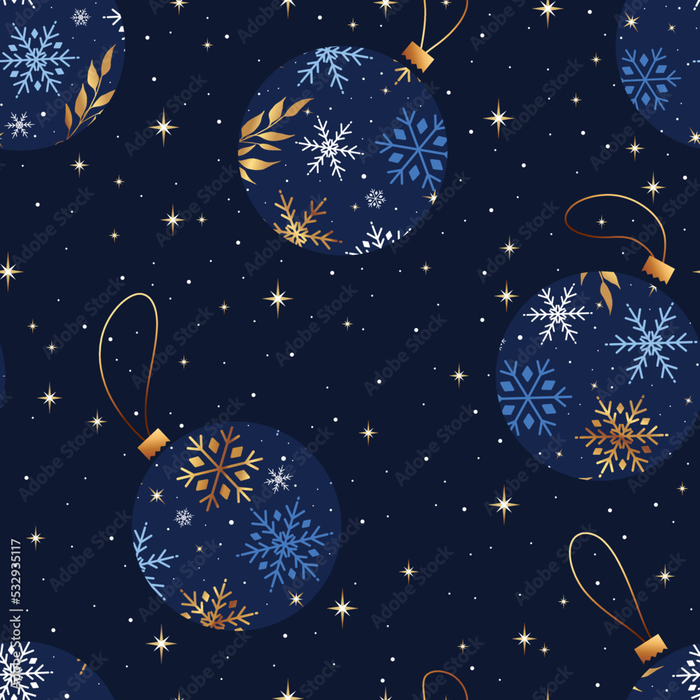 Naklejka premium Seamless pattern with Christmas balls and stars in blue, gold and white. Perfect for wallpaper, gift paper, pattern fills, textile, Christmas and New Year greetings cards.