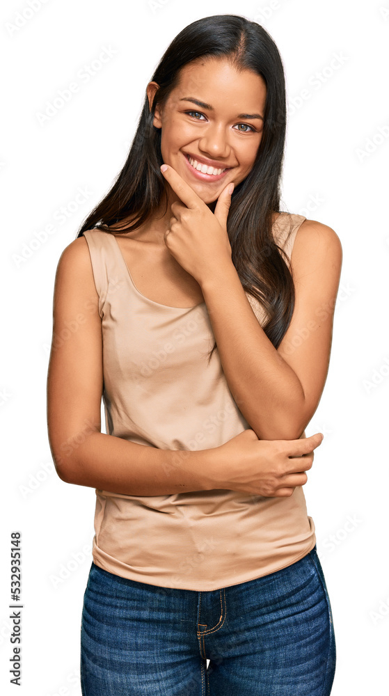 Beautiful hispanic woman wearing casual clothes looking confident at the camera smiling with crossed arms and hand raised on chin. thinking positive. Beautiful hispanic woman wearing casual clothes looking confident at the camera smiling with crossed arms and hand raised on chin. thinking positive.