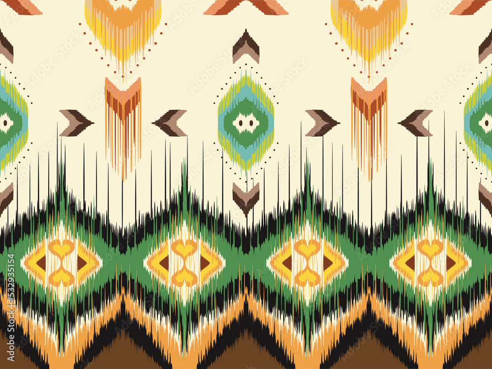 Obraz premium Abstract ethnic geometric ikat art. Seamless pattern in tribal, folk embroidery, and Mexican style. Aztec geometric art ornament for clothing wrapping Batik fabric illustration embroidery style.