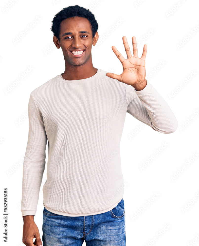 African handsome man wearing casual winter sweater showing and pointing up with fingers number five while smiling confident and happy. African handsome man wearing casual winter sweater showing and pointing up with fingers number five while smiling confident and happy.
