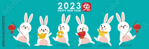 Happy Chinese new year greeting card 2023 with cute rabbit in red costume with wealth gold money. Animal holidays cartoon character. Translate  Rabbit. -Vector
