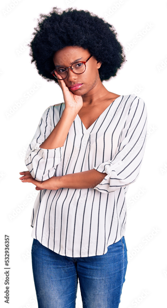 Young african american woman wearing casual clothes and glasses thinking looking tired and bored with depression problems with crossed arms. Young african american woman wearing casual clothes and glasses thinking looking tired and bored with depression problems with crossed arms.