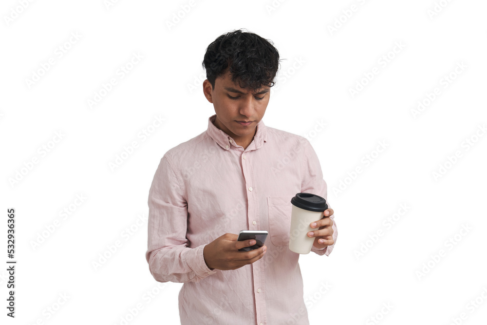 Young peruvian man chatting on the phone with a cup of coffee. Isolated over white background. Young peruvian man chatting on the phone with a cup of coffee. Isolated over white background.