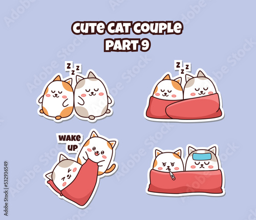 Set of cute kawaii couple little cat for social media sticker emoji sleep sick and wake up emoticon