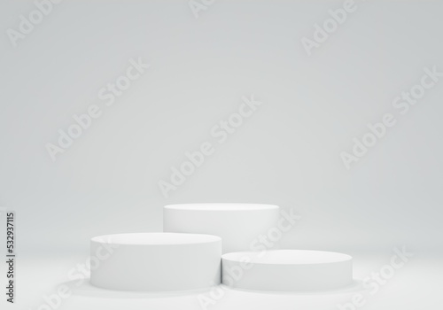 Three white podium line up from low to high. for product advertisement or product presentation. 3D rendering