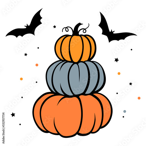 Halloween vector illustration. Composition with pumpkins and bats.