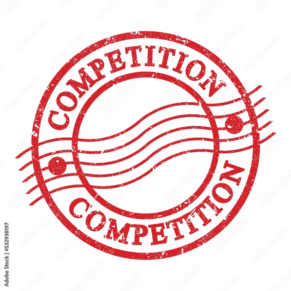 COMPETITION, text written on red postal stamp. COMPETITION, text written on red postal stamp.