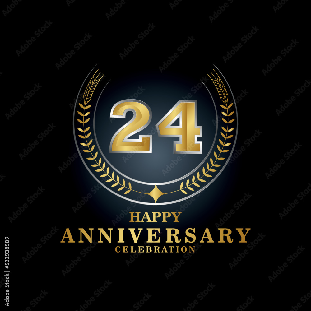 Template emblem 24th years old luxurious anniversary with a frame in the form of laurel branches and the number 24 . 24 years anniversary royal logo. Vector illustration Design
Template emblem 24th years old luxurious anniversary with a frame in the form of laurel branches and the number 24 . 24 years anniversary royal logo. Vector illustration Design