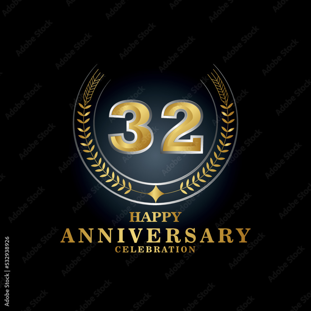 Template emblem 32nd years old luxurious anniversary with a frame in the form of laurel branches and the number 32 . 32 years anniversary royal logo. Vector illustration Design
Template emblem 32nd years old luxurious anniversary with a frame in the form of laurel branches and the number 32 . 32 years anniversary royal logo. Vector illustration Design
