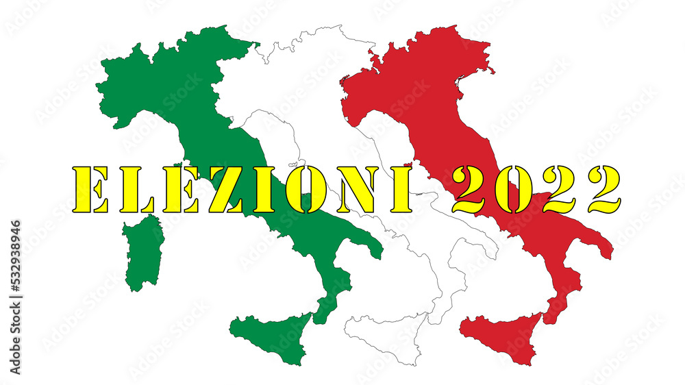 Italy, graphic illustration with three silhouettes of Italy and the colors of the flag, green white red. In the center the words 