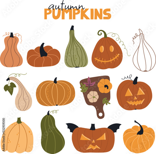 Set of stickers with autumn pumpkins. Vector warm and cozy hygge collection of autumn stickers and illustrations in cartoon style.