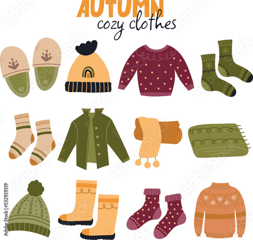 Set of stickers with cozy autumn clothes. Vector warm and cozy hygge collection of autumn stickers and illustrations in cartoon style.
