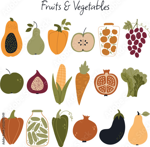Set of stickers with fruits and vegetables. Vector warm and cozy hygge collection of autumn stickers and illustrations in cartoon style.