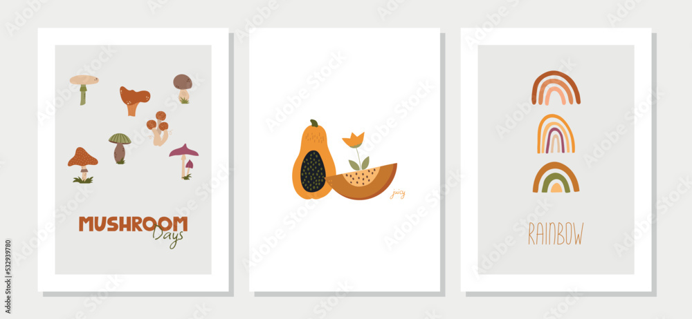 Collection of cute autumn cards with quotes. Vector warm and cozy hygge collection of autumn illustrations in cartoon style.