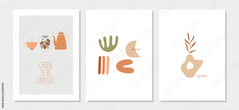Collection of cozy abstract autumn cards with quotes. Vector warm and cozy hygge collection of autumn illustrations in cartoon style.