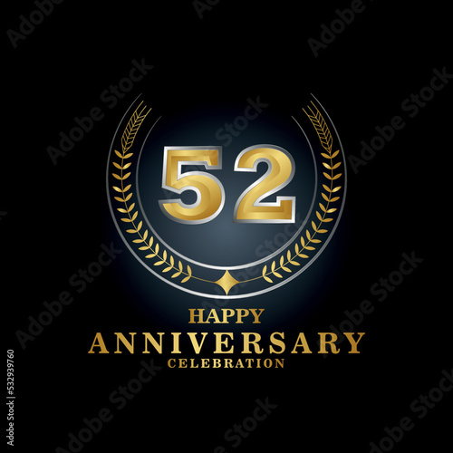 Template emblem 52nd years old luxurious anniversary with a frame in the form of laurel branches and the number 52. 52 years anniversary royal logo. Vector illustration Design 