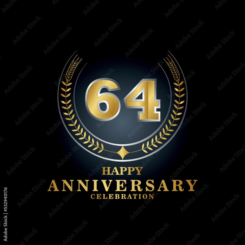 Template emblem 64th years old luxurious anniversary with a frame in the form of laurel branches and the number 64 . 64 years anniversary royal logo. Vector illustration Design
Template emblem 64th years old luxurious anniversary with a frame in the form of laurel branches and the number 64 . 64 years anniversary royal logo. Vector illustration Design