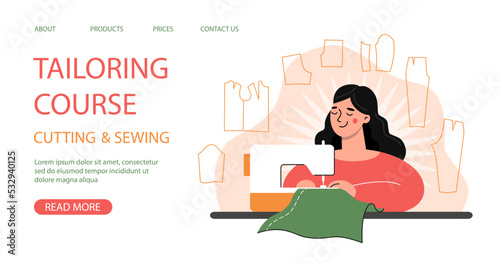 Banner for Cutting, Sewing and Tailoring Course. Woman seamstress at her workplace with sewing machine. Vector illustration for advertisement of sewing lessons