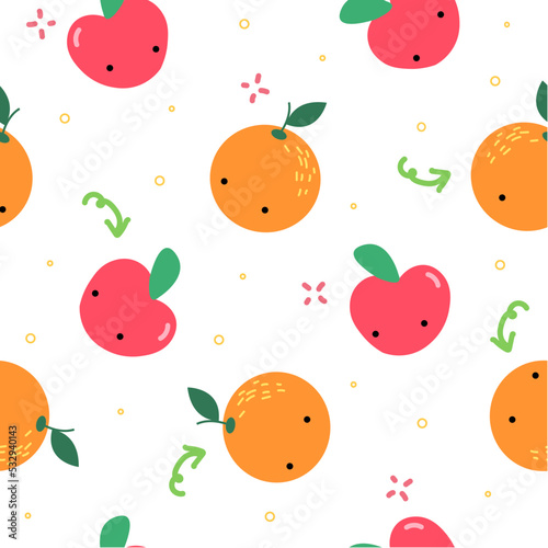 Fototapeta Naklejka Na Ścianę i Meble -  Seamless apple and orange cute illustration pattern on white background