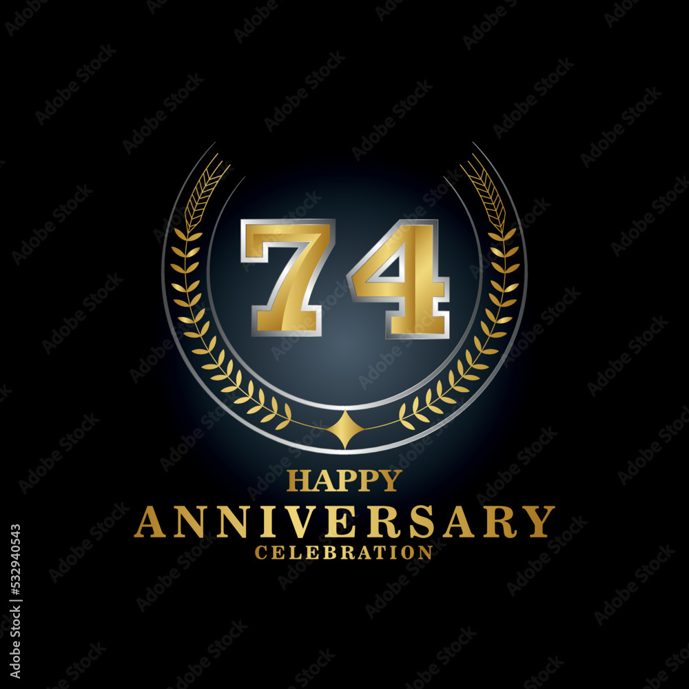 Template emblem 74th years old luxurious anniversary with a frame in the form of laurel branches and the number 74 . 74 years anniversary royal logo. Vector illustration Design
Template emblem 74th years old luxurious anniversary with a frame in the form of laurel branches and the number 74 . 74 years anniversary royal logo. Vector illustration Design