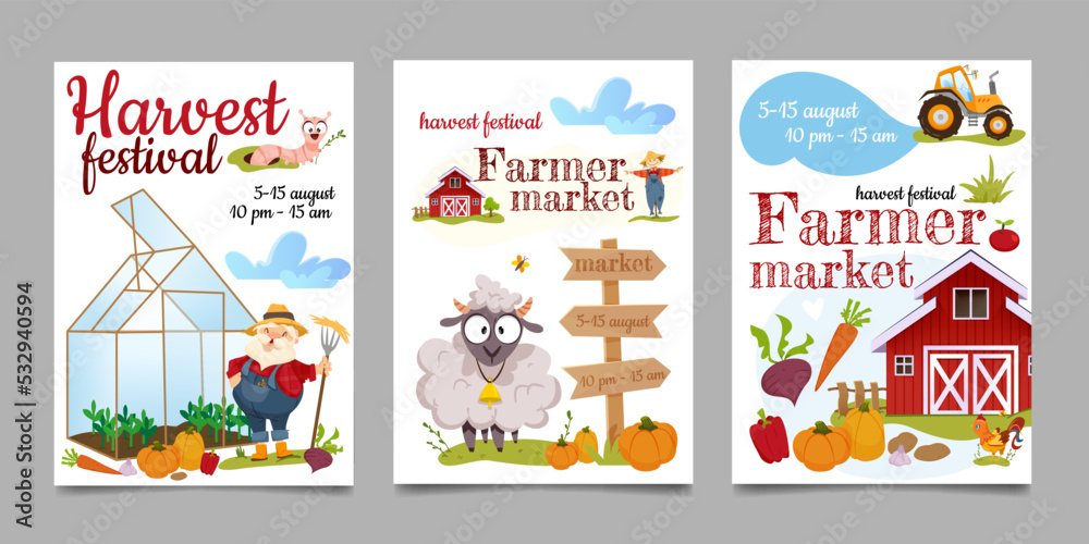 Cartoon festival posters of harvest festival. Farm local market invitation banners or cards with natural vegetables, farm products and farmhouse. Flat happy agricultural farmer gathering crops.