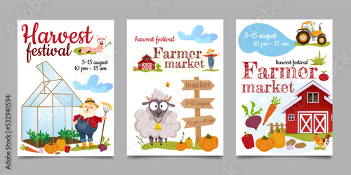 Cartoon festival posters of harvest festival. Farm local market invitation banners or cards with natural vegetables  farm products and farmhouse. Flat happy agricultural farmer gathering crops.