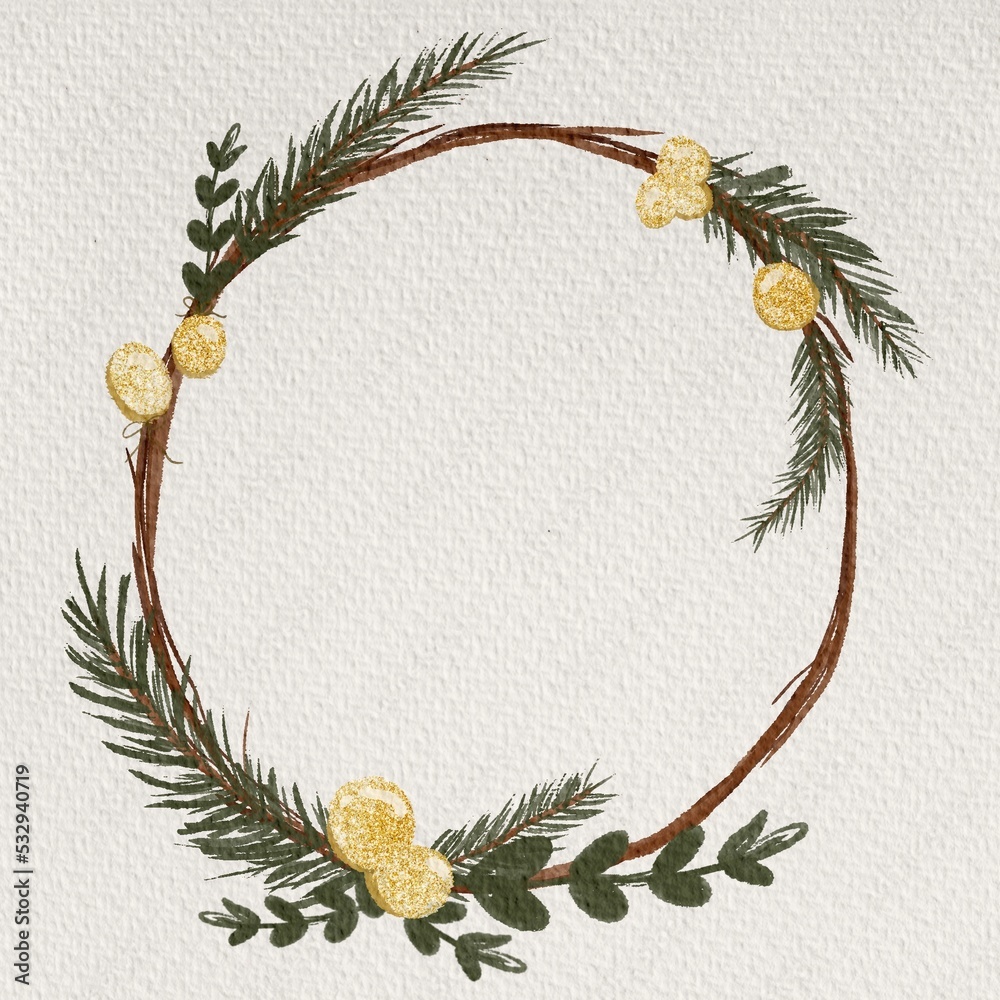 laurel wreath, christmas decorative element in watercolor concept