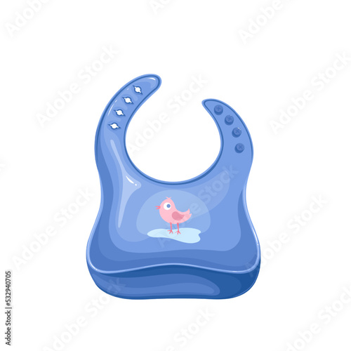 Baby bib vector illustration. Cartoon isolated blue silicone or plastic apron with bird pattern to protect little boy clothes while eating toddlers food or milk from bottle, bib nursery equipment