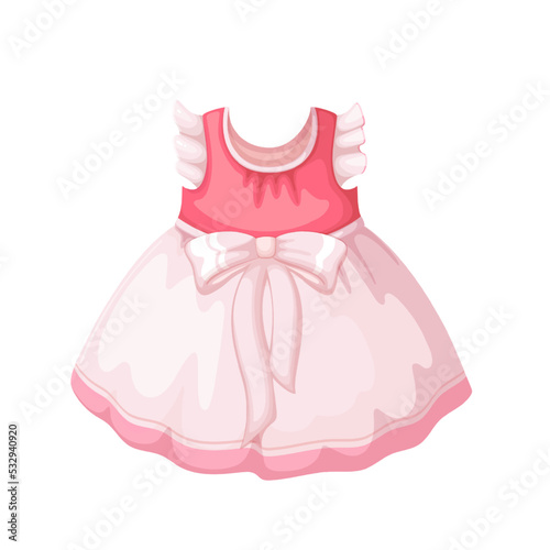 Dress for baby girl vector illustration. Cartoon isolated cute clothes for newborn kids, pink clothing with ribbon and bow for dressing up little princess, summer dress from childrens fashion store