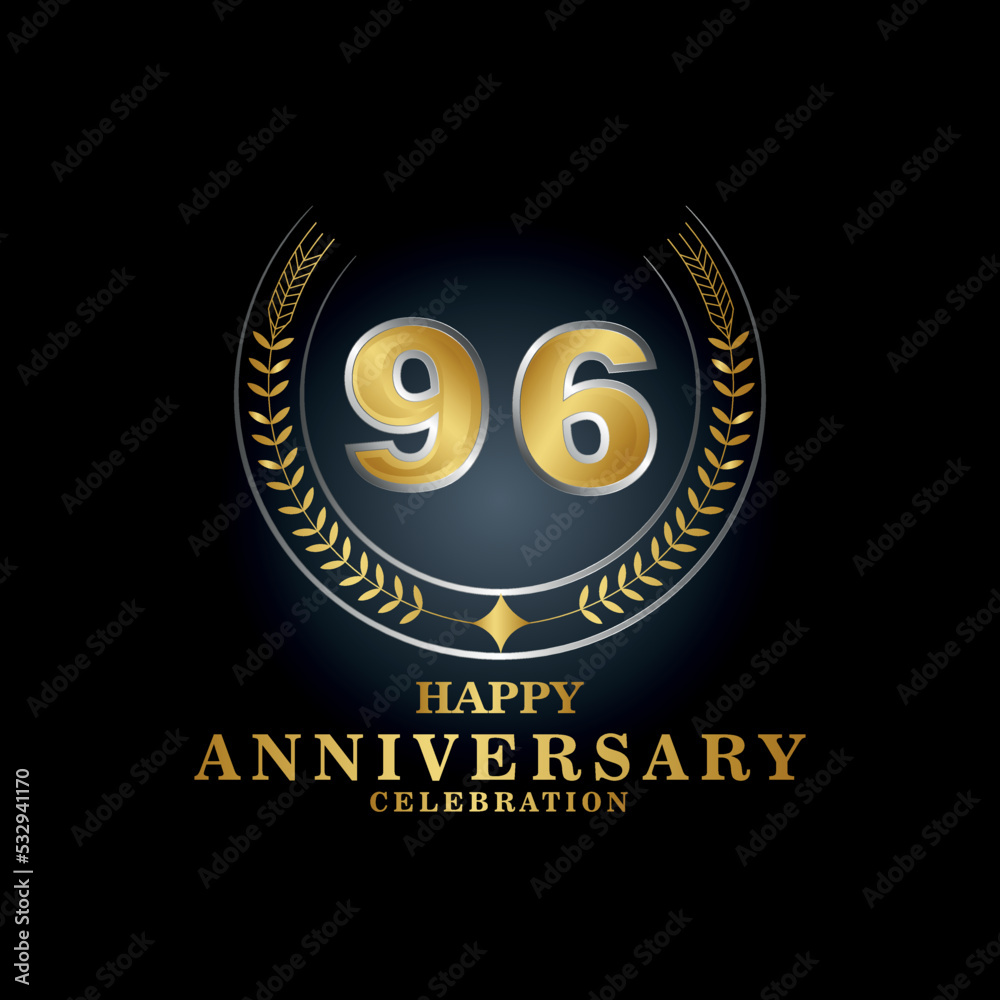 Fototapeta premium Template emblem th years 96 old luxurious anniversary with a frame in the form of laurel branches and the number 96 . 96 years anniversary royal logo. Vector illustration Design 