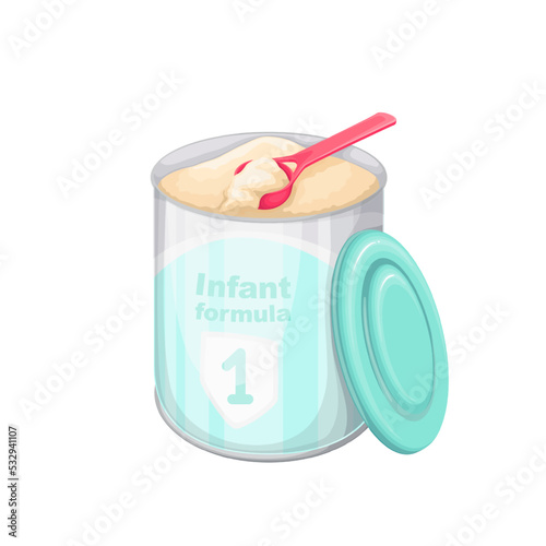 Infant formula, baby food preparation vector illustration. Cartoon isolated tin packaging full of healthy milk powder for feeding newborn child, spoon measuring dry powdered dairy product for baby