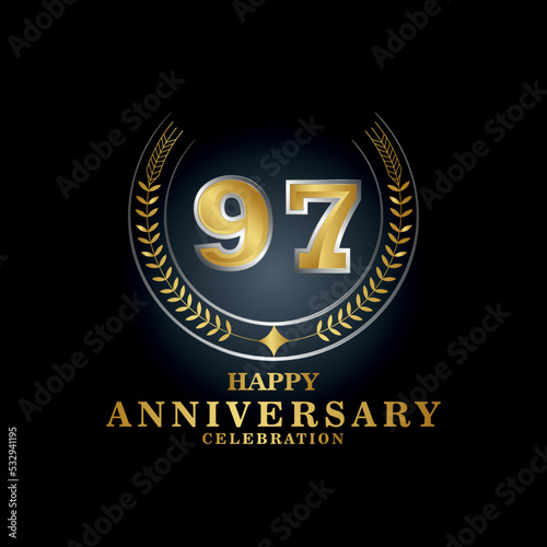 Template emblem th97 years old luxurious anniversary with a frame in the form of laurel branches and the number 97 . 97 years anniversary royal logo. Vector illustration Design 