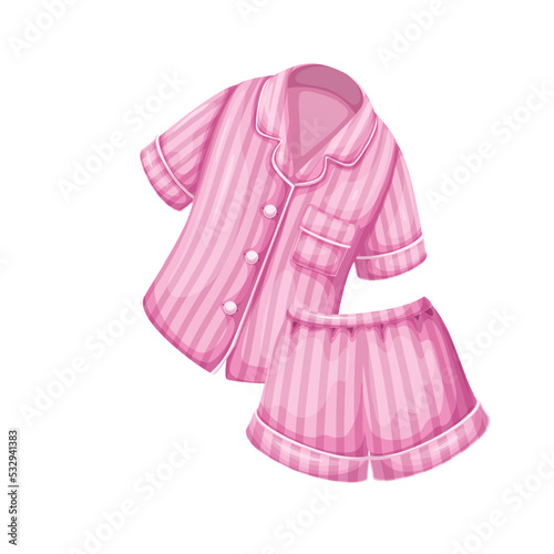 Pajama for healthy sleep in bed at night vector illustration. Cartoon pink isolated nightwear for pajamas party of girls, cute cozy silk shirt and shorts sleepwear with striped pattern for bedtime