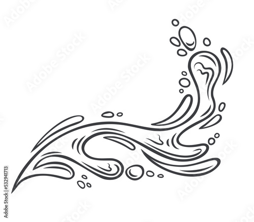 Water splash black line icon vector illustration. Outline creative sketch symbol of nature and environment, abstract hand drawn curl shape of one wave with splashing drips and dribbles, bubbles
