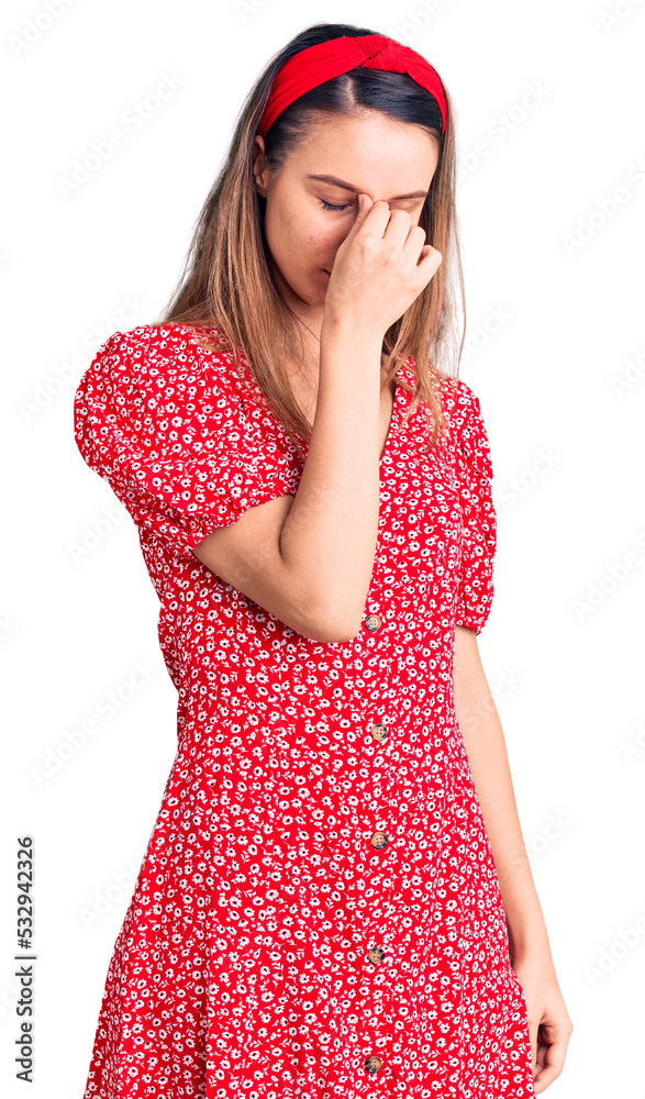 Young beautiful girl wearing dress and diadem tired rubbing nose and eyes feeling fatigue and headache. stress and frustration concept. Young beautiful girl wearing dress and diadem tired rubbing nose and eyes feeling fatigue and headache. stress and frustration concept.